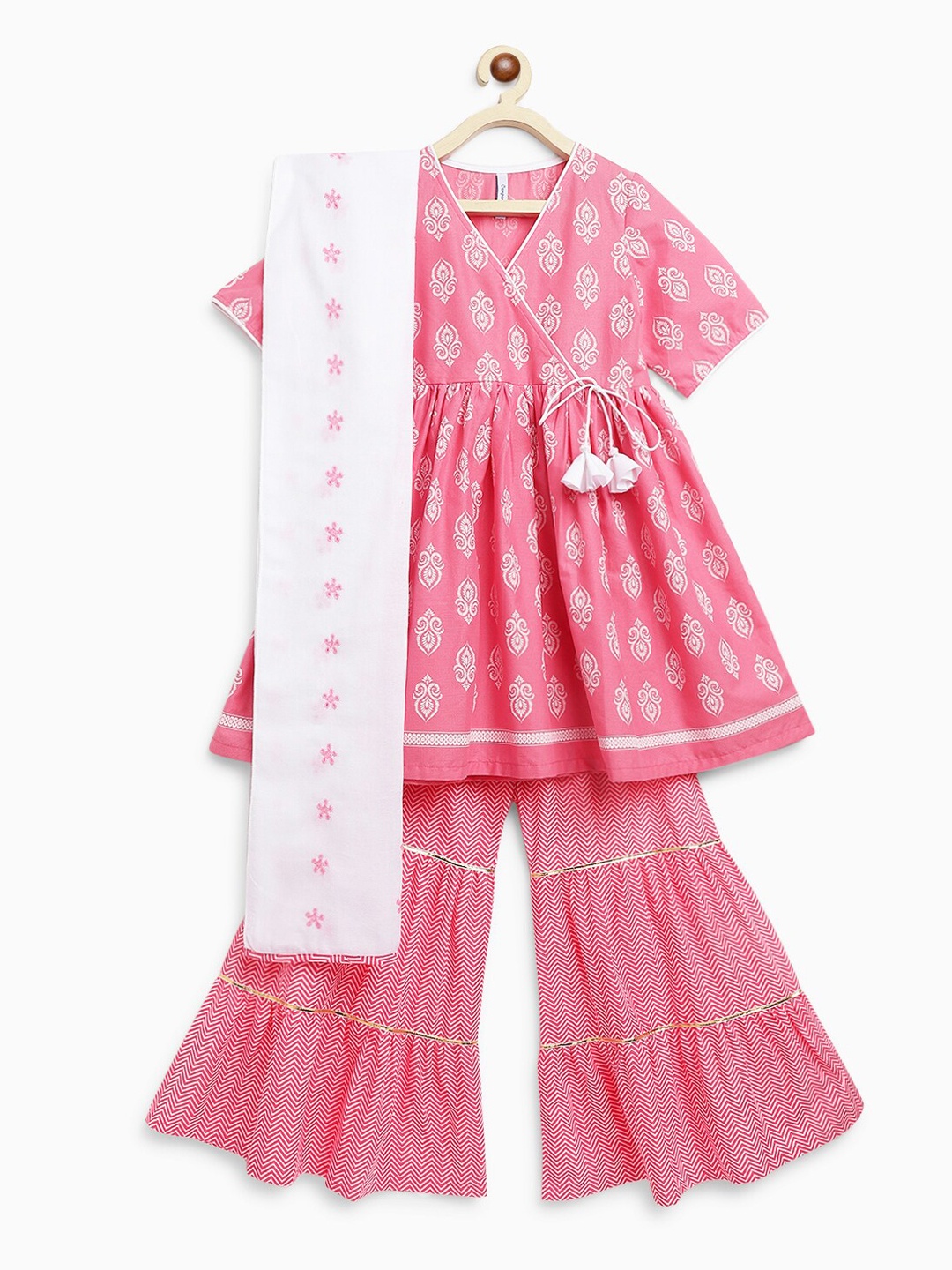 

Campana Girls Ethnic Motifs Printed Angrakha Pure Cotton Kurta & Sharara With Dupatta, Pink