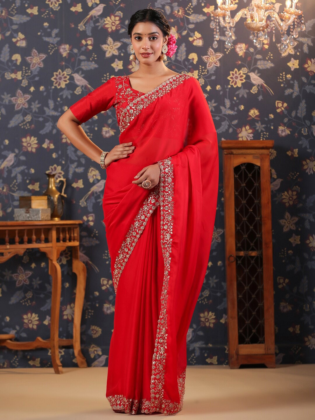 

House of Pataudi Embroidered Sarees, Red