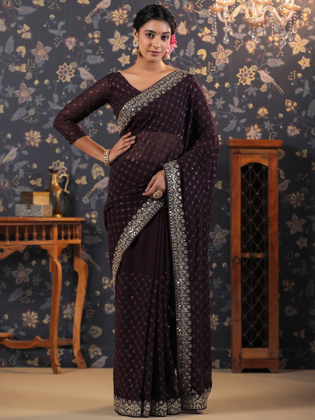 

House of Pataudi Geometric Embroidered Sequinned Detailed Saree, Black