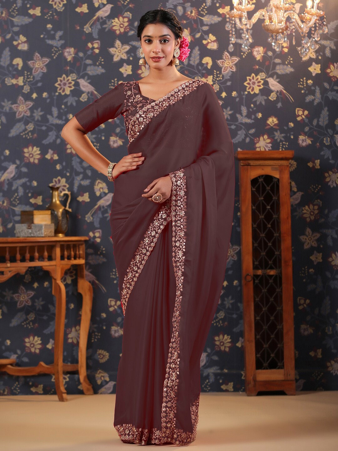 

House of Pataudi Embroidered Detailed Saree, Black