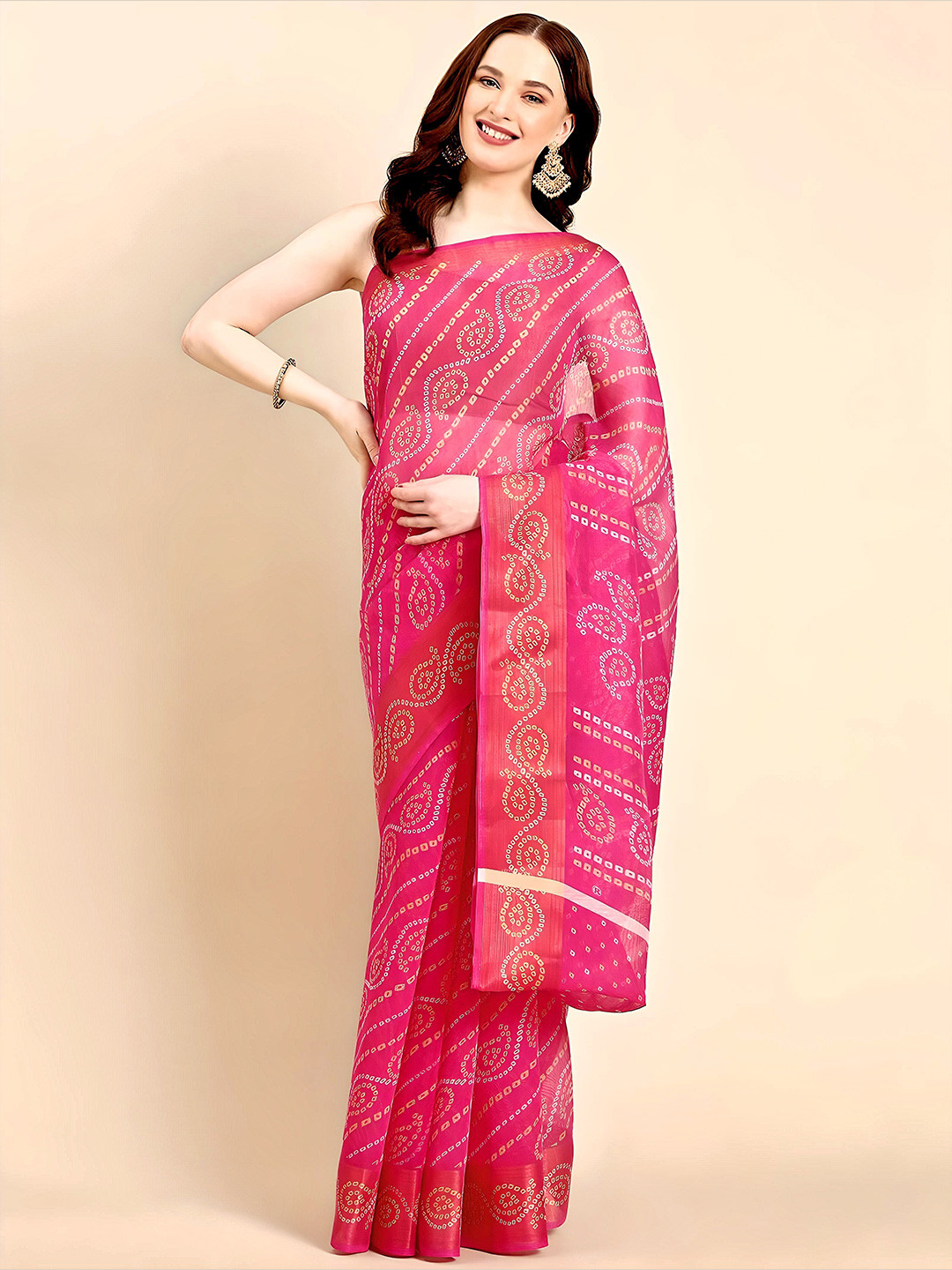 

XO LOVE Bandhani Printed Zari Bandhani Saree, Fuchsia