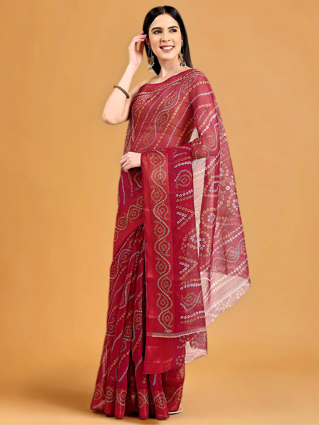 

XO LOVE Printed Zari Bandhani Saree, Maroon
