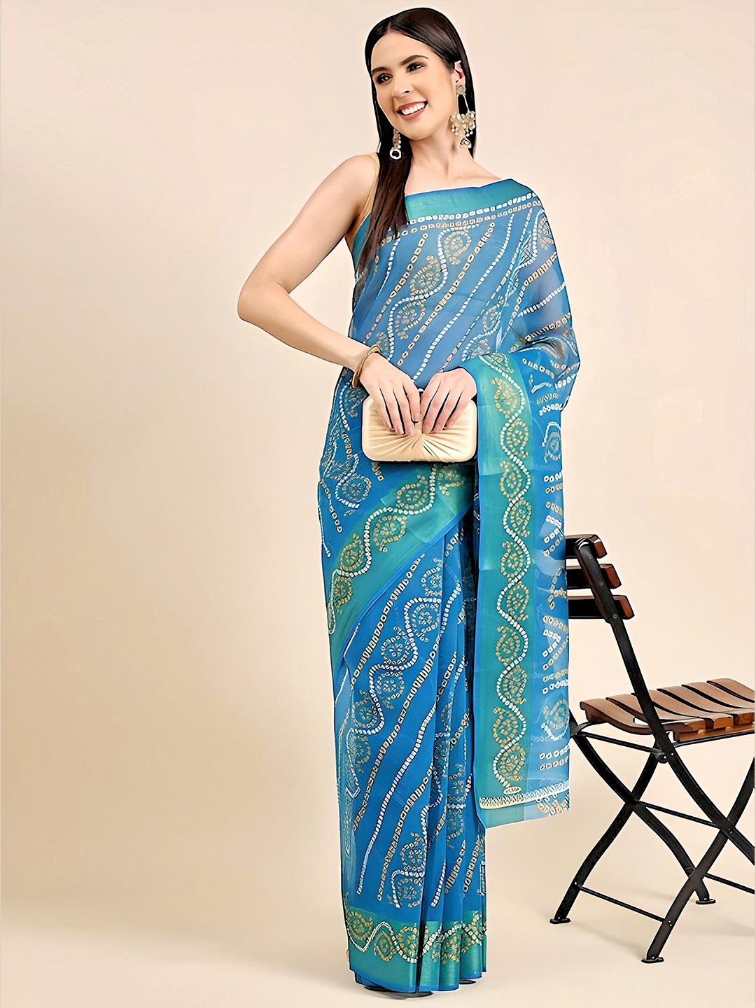 

XO LOVE Printed Zari Bandhani Saree, Blue