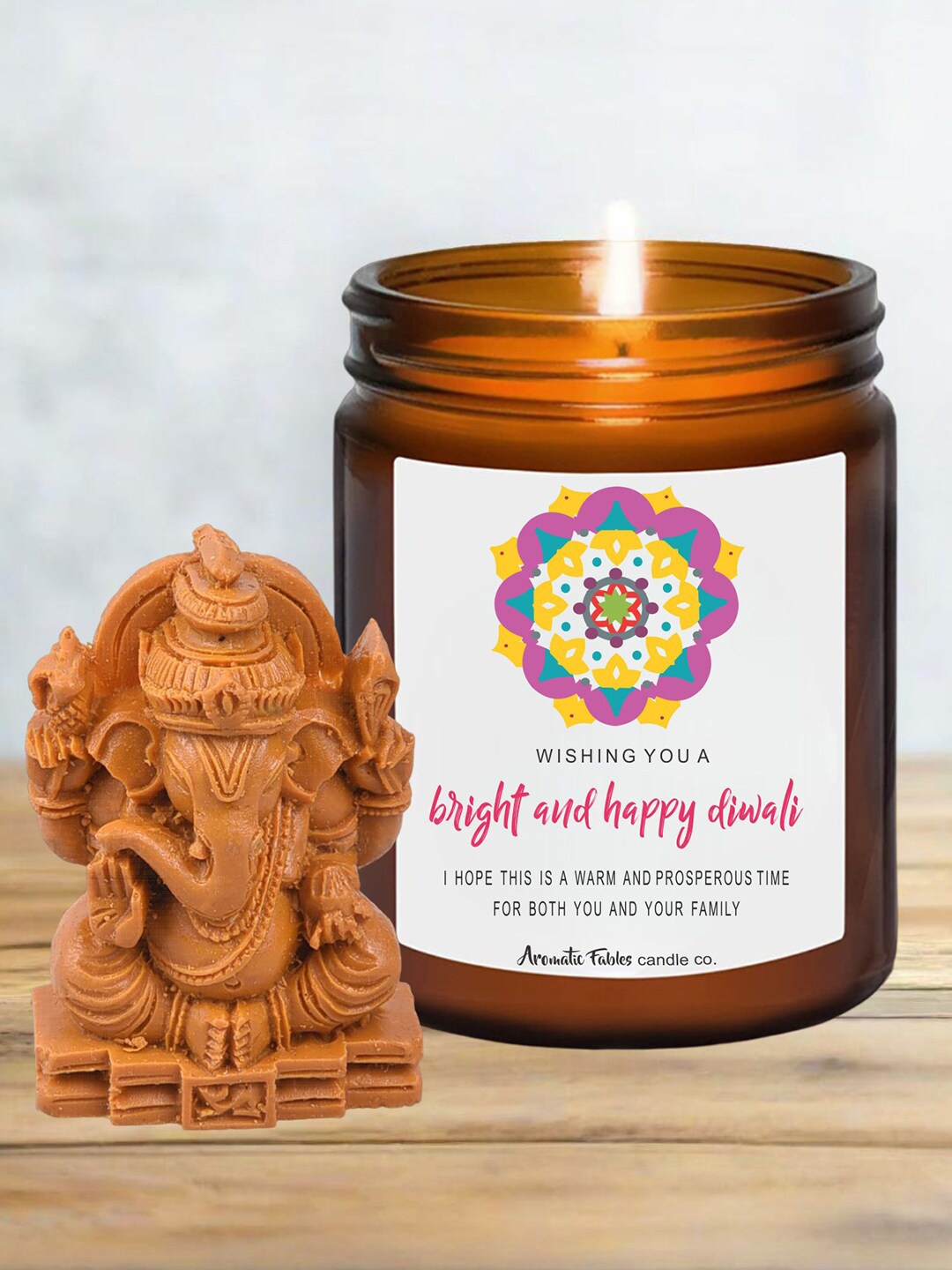 

Aromatic Fables White Chamomile Scented Diwali Festive Glass Jar Candle & Ganesha Idol