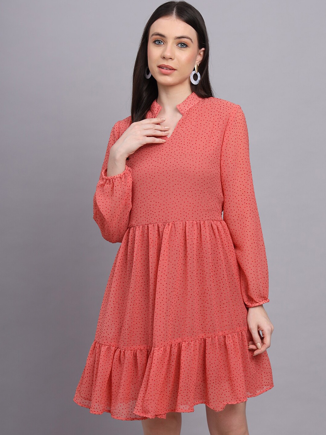 

Rediscover Fashion Geometric Printed Puff Sleeves Gathered Fit & Flare Dress, Peach