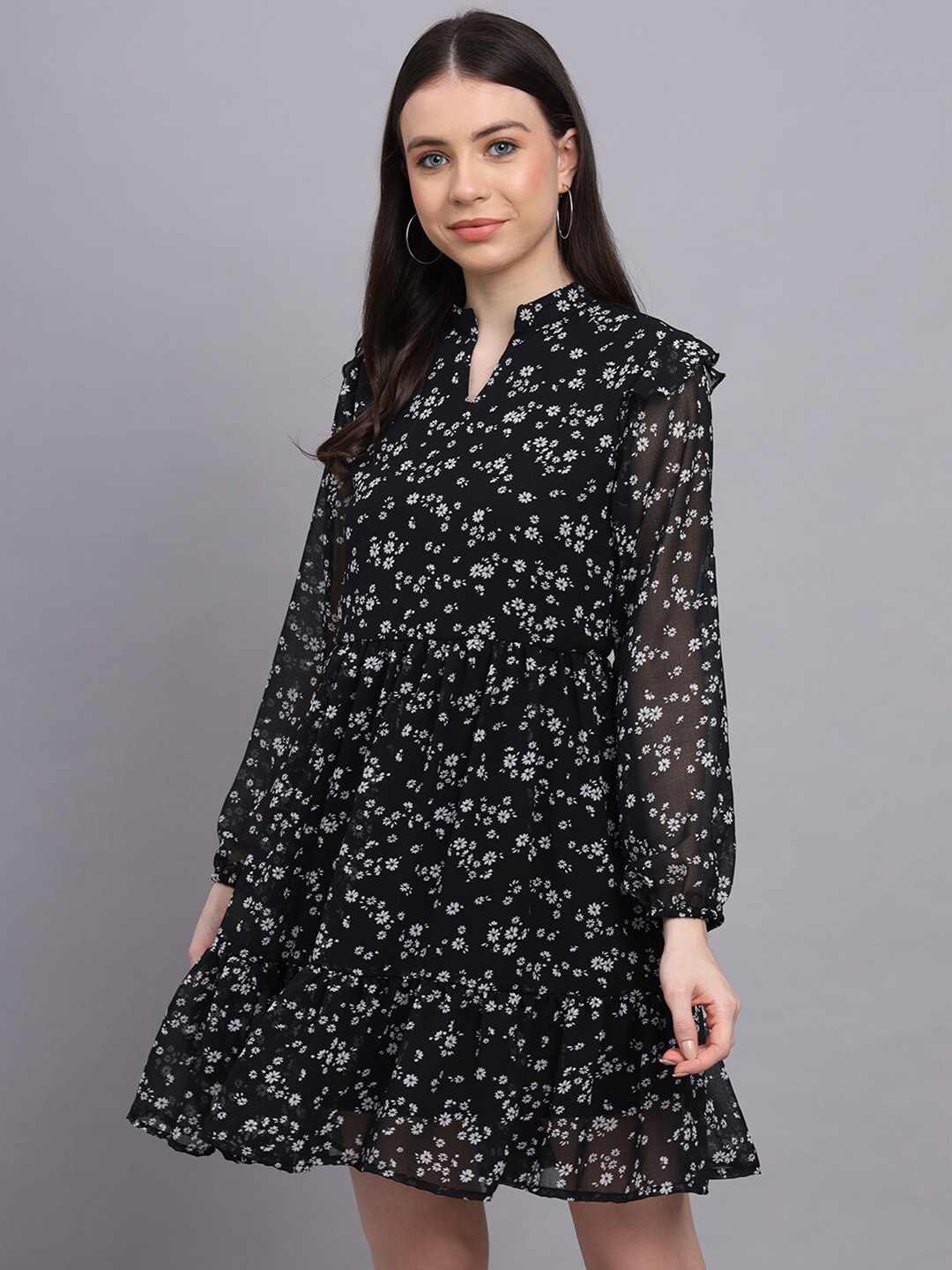 

Rediscover Fashion Floral Printed Puff Sleeves Gathered Fit & Flare Dress, Black