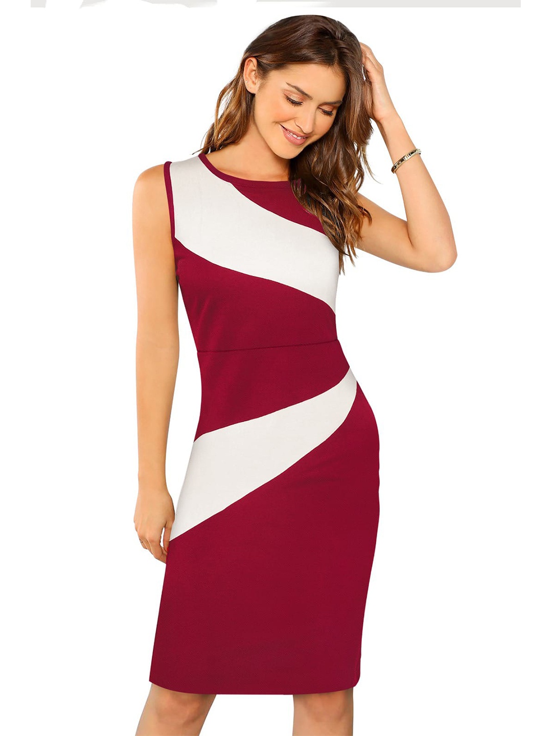 

BAESD Colourblocked Round Neck Sleeveless Sheath Dress, Maroon