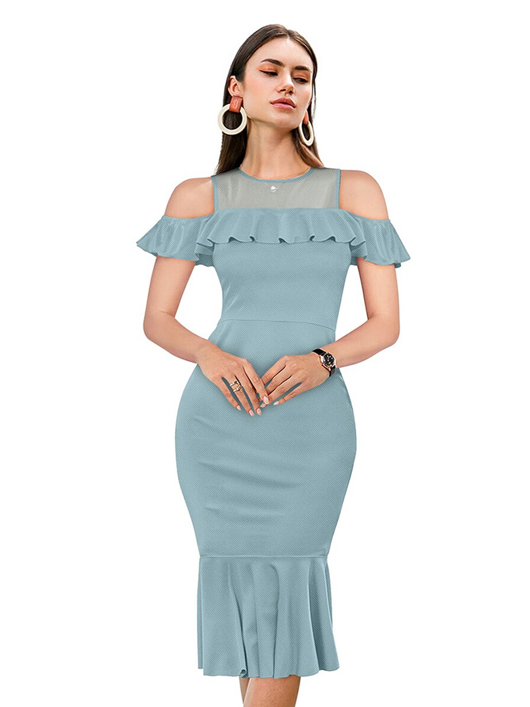 

BAESD Cold-Shoulder Ruffles Detail Bodycon Midi Dress, Green