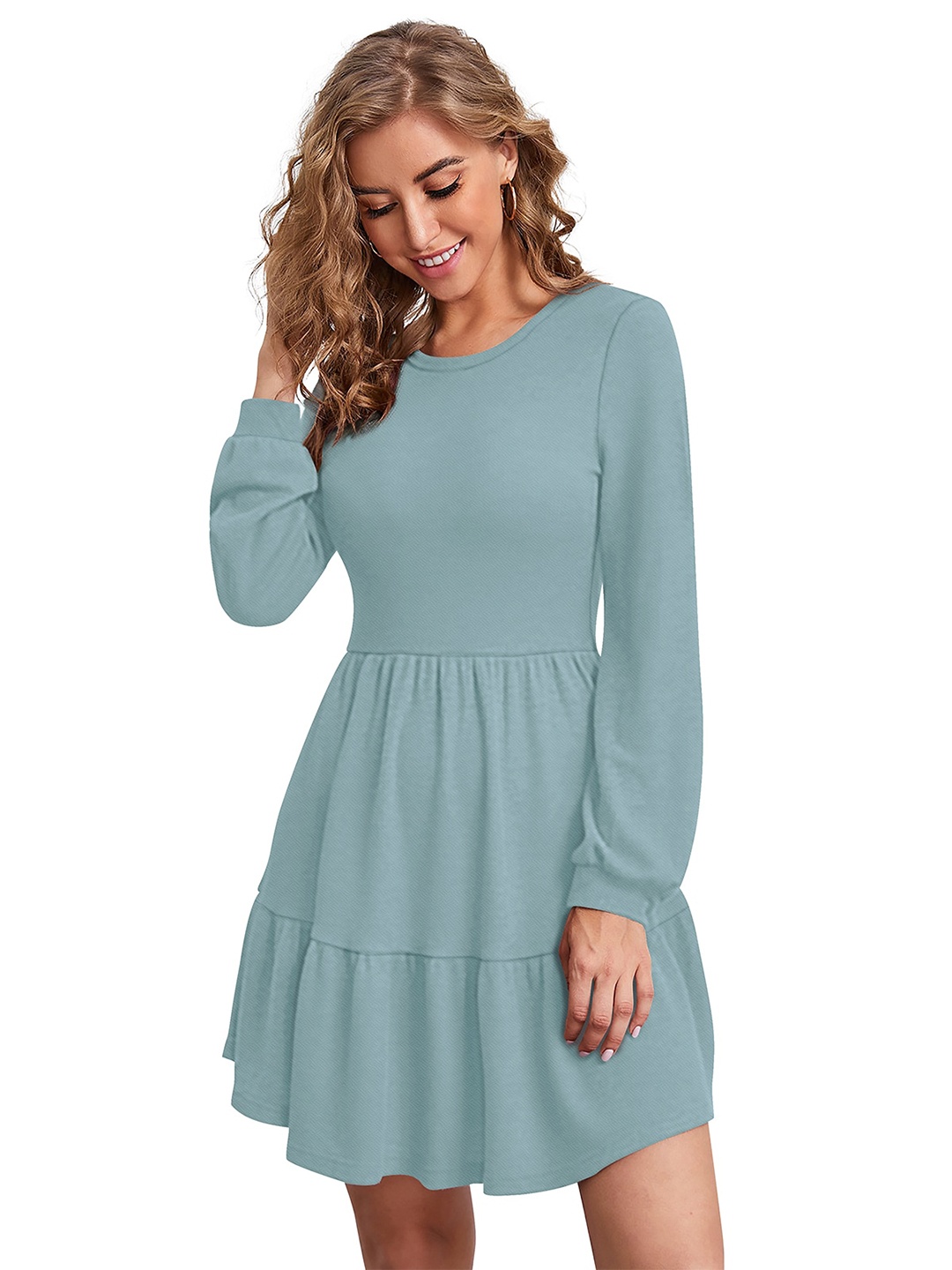 

BAESD Puff Sleeves Gathered Detailed Fit & Flare Dress, Green