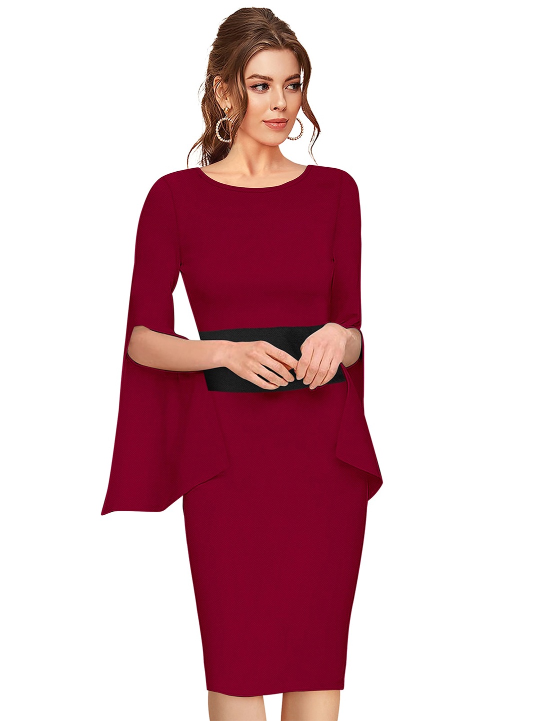 

BAESD Flared Sleeve Sheath Dress, Maroon