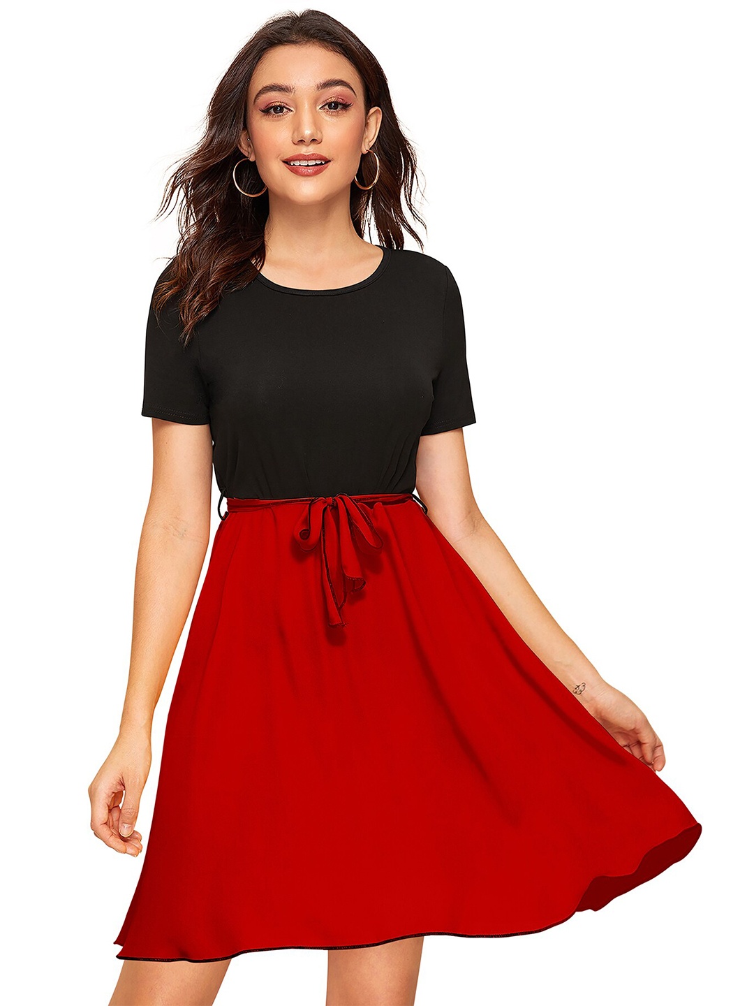 

BAESD Colourblocked Round Neck Tie-Ups Fit & Flare Dress, Red