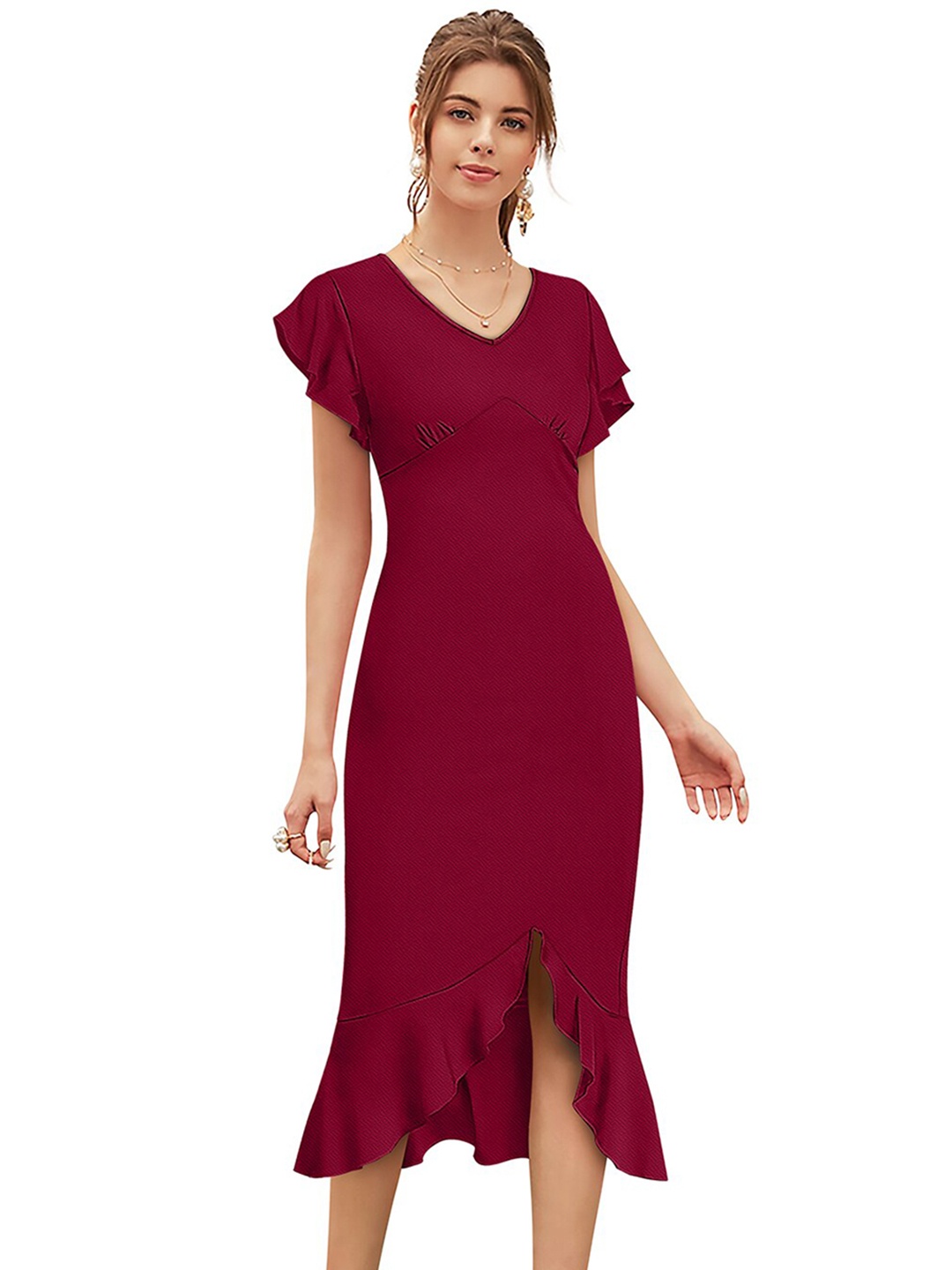 

BAESD V-Neck Flared Sleeves Empire Dress, Maroon