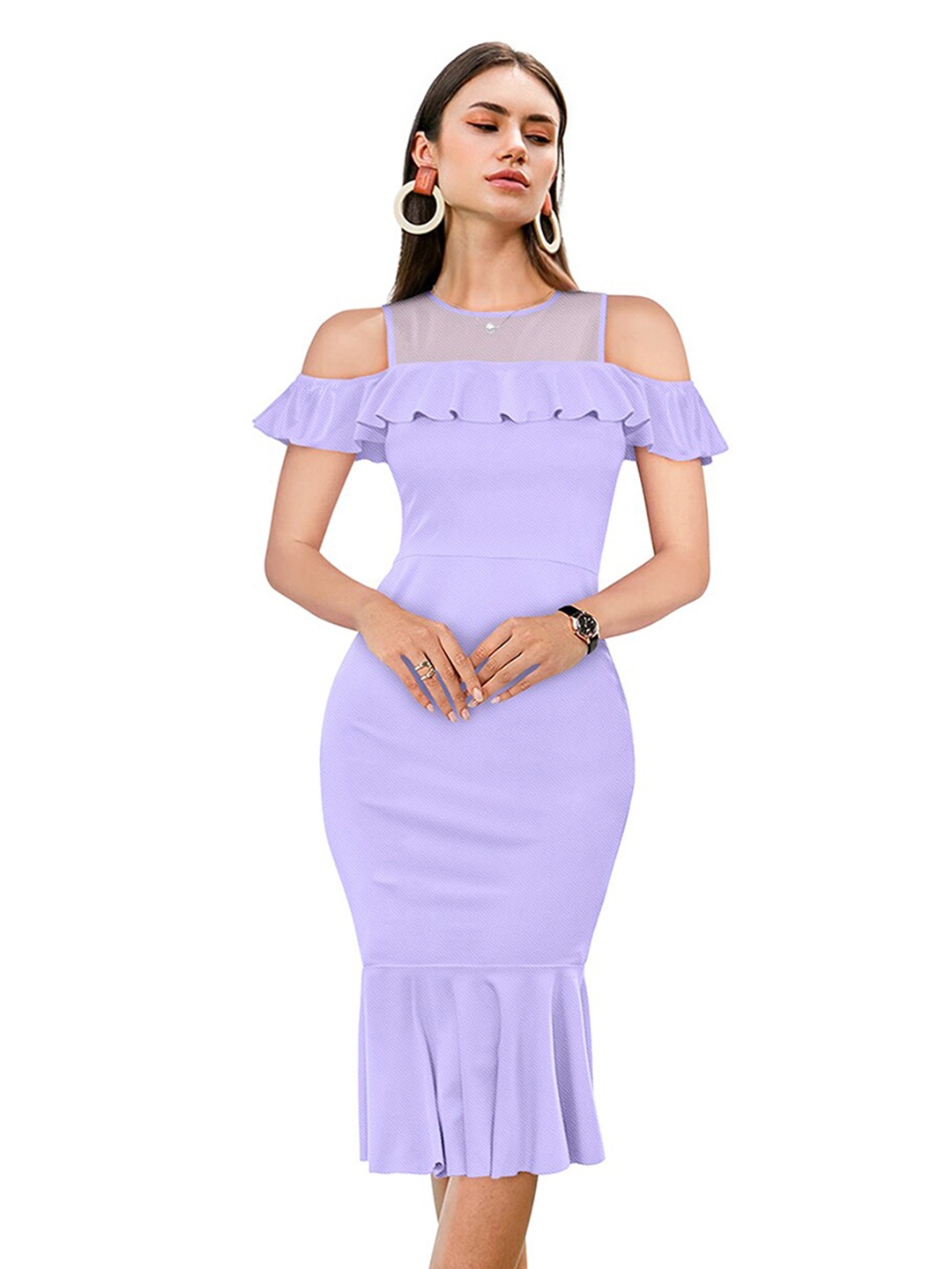 

BAESD Round Neck Cold-Shoulder Gathered Tiered Bodycon Dress, Purple