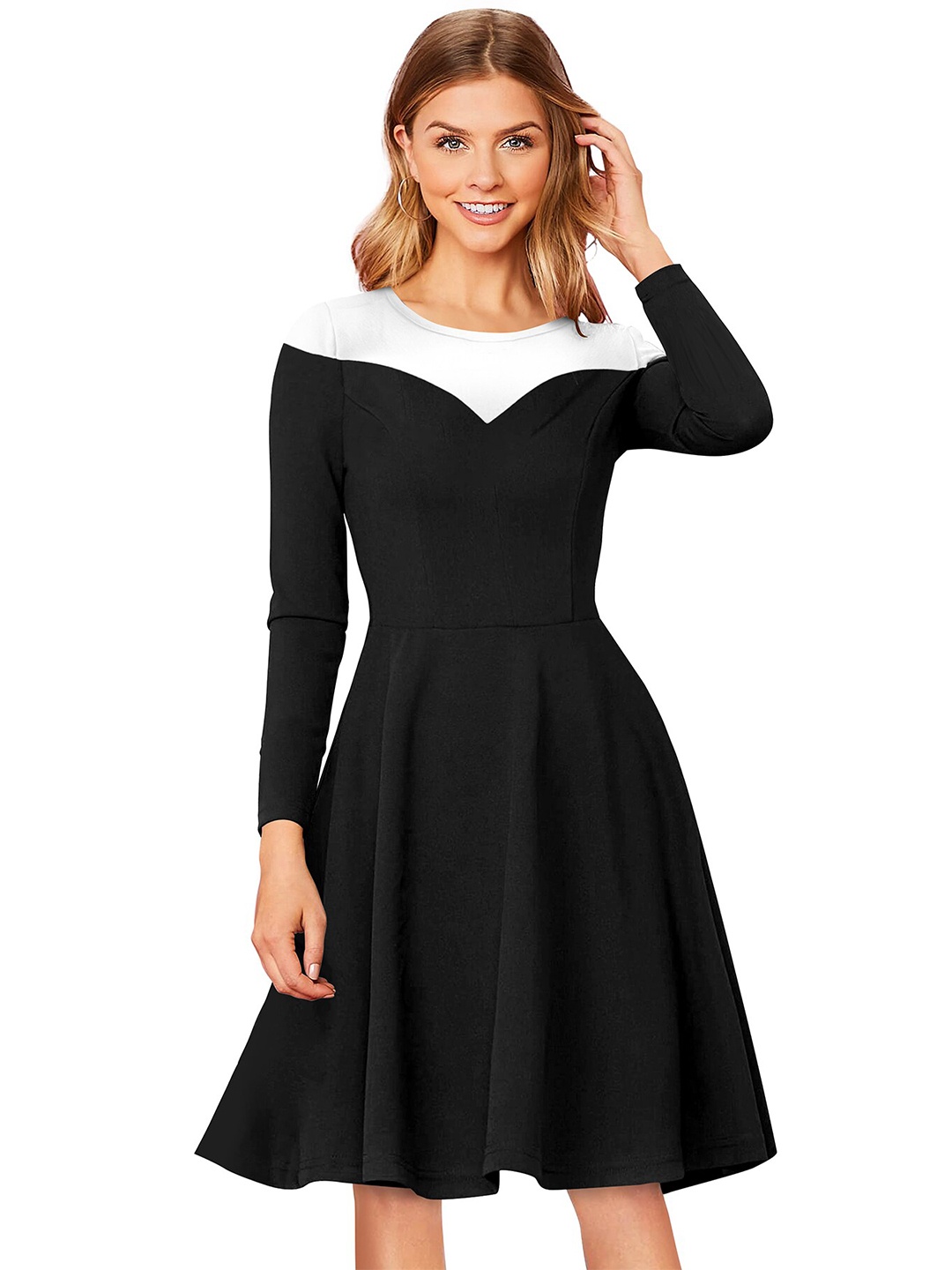 

BAESD Colourblocked Round Neck Fit & Flare Dress, Black