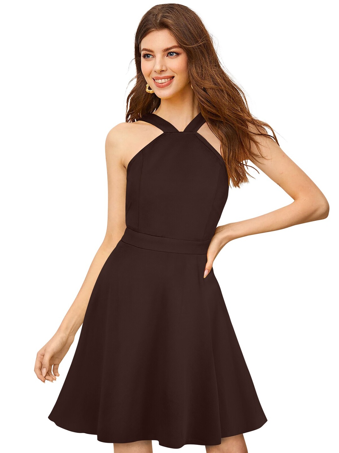 

BAESD Shoulder Straps Fit & Flare Dress, Coffee brown