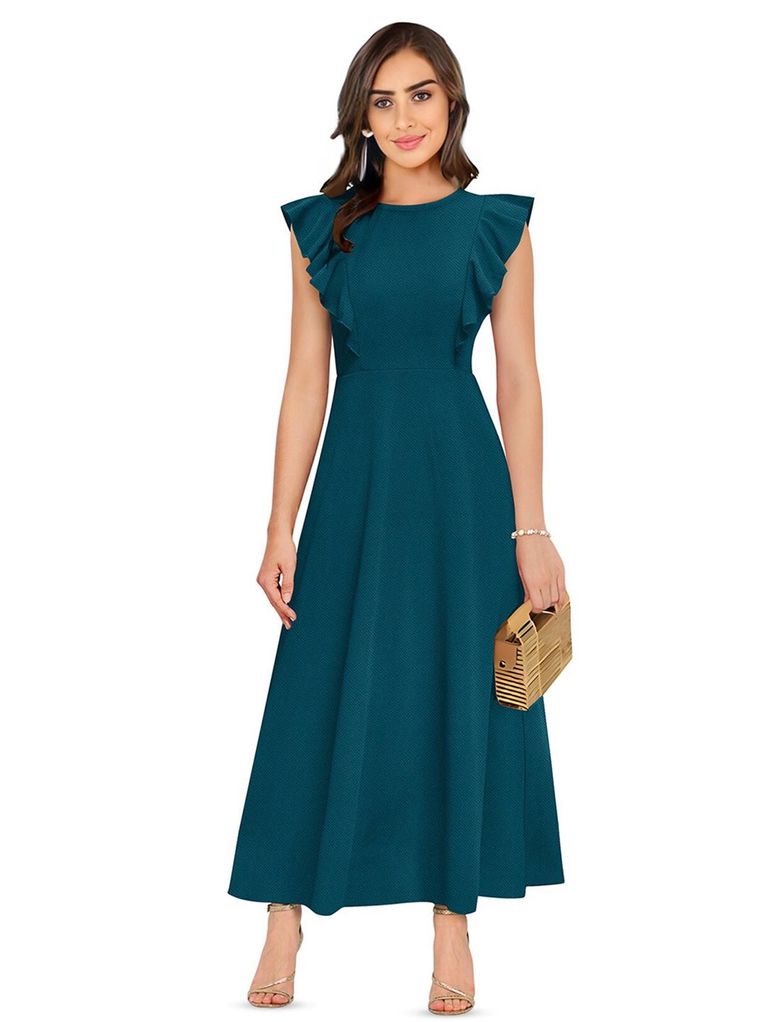 

BAESD Round Neck Flutter Sleeve Maxi Dress, Blue
