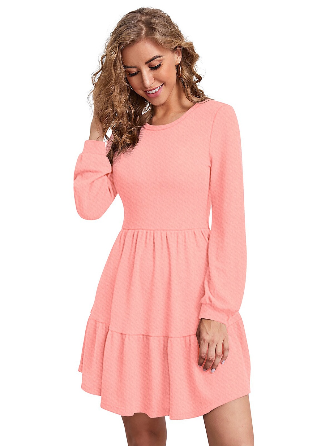 

BAESD Round Neck Puff Sleeve Gathered Tiered Fit & Flare Dress, Peach