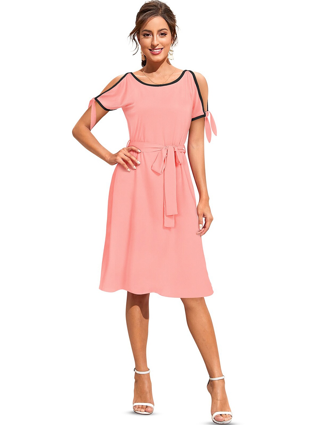 

BAESD Belt Detailed Round Neck Slit Sleeve A-Line Dress, Peach