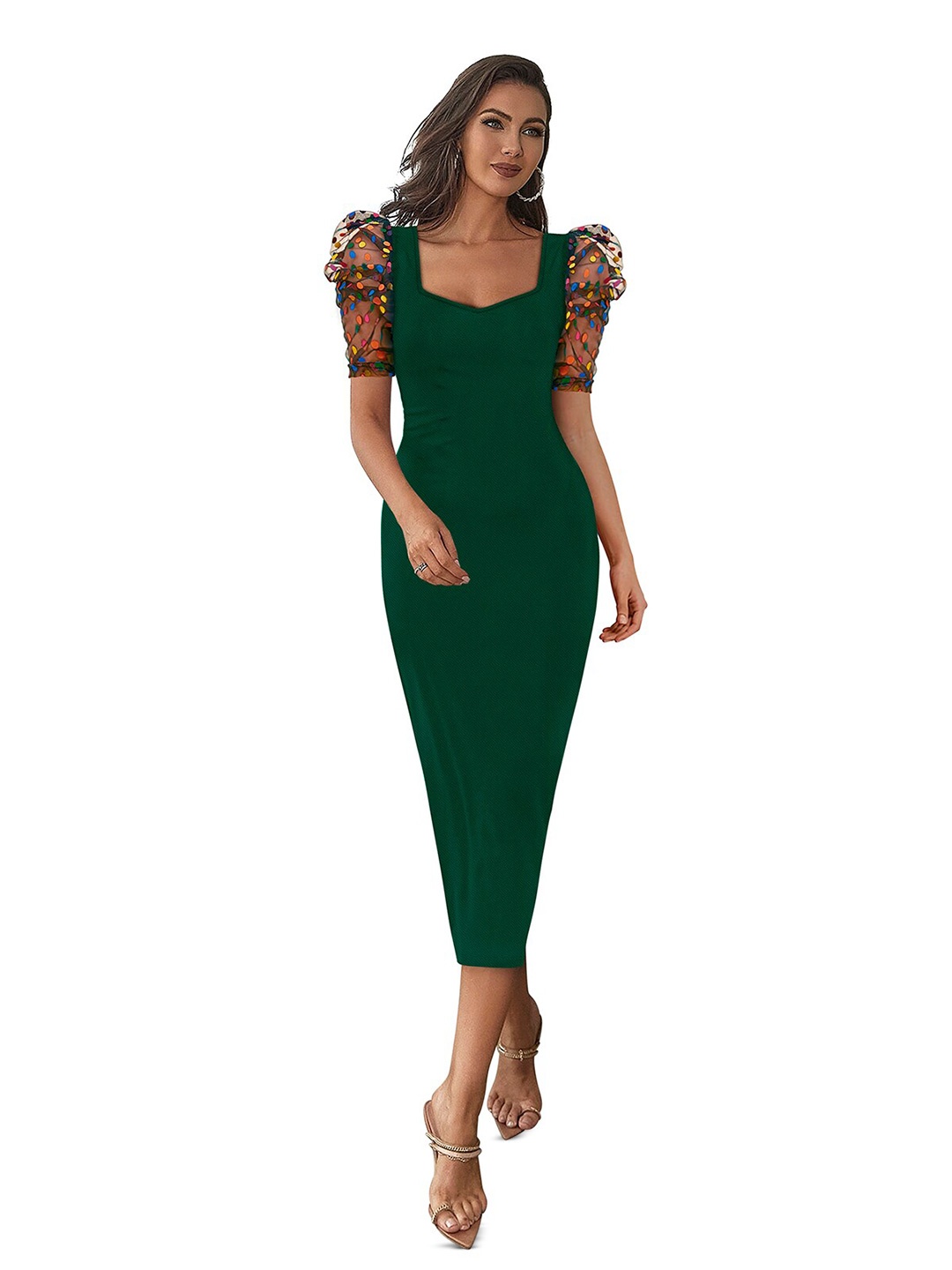 

BAESD Sweetheart Neck Puff Sleeves Bodycon Midi Dress, Green