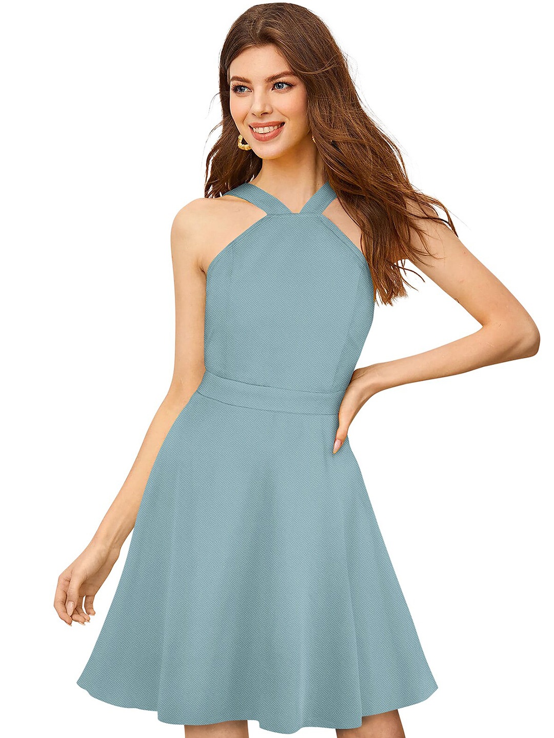 

BAESD Shoulder Strap Neck Fit & Flare Dress, Green