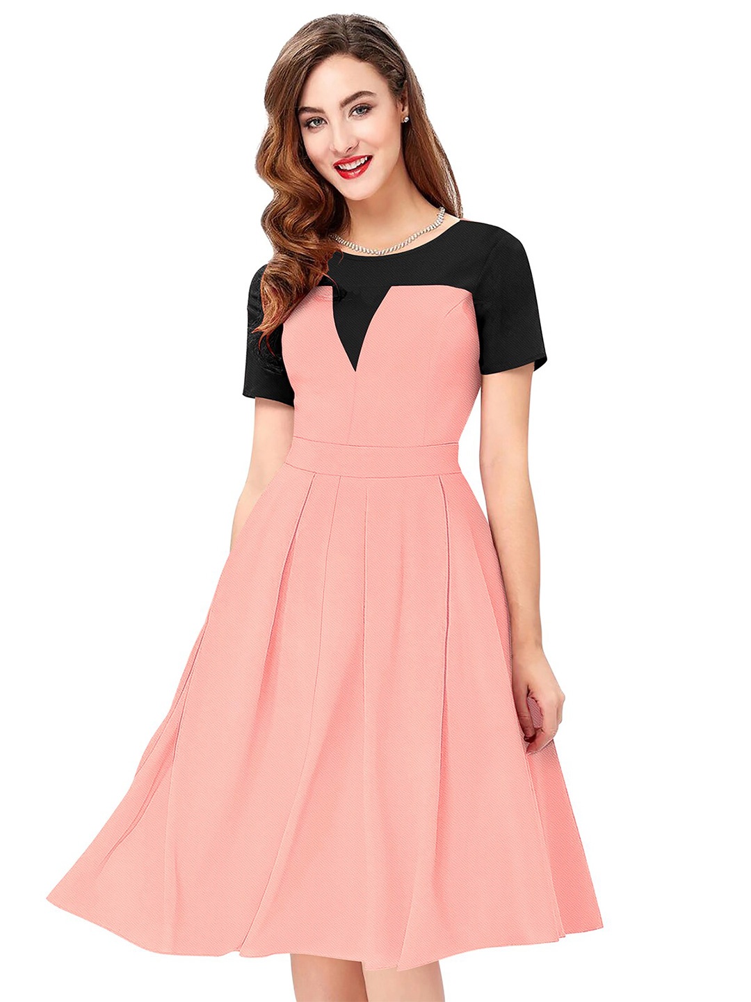 

BAESD Colourblocked Pleated Detailed Fit & Flare Dress, Peach