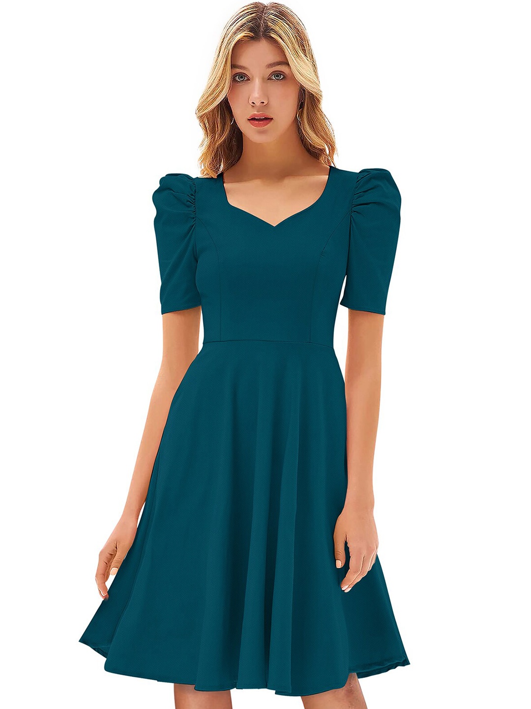 

BAESD Puff Sleeve Fit & Flare Dress, Teal