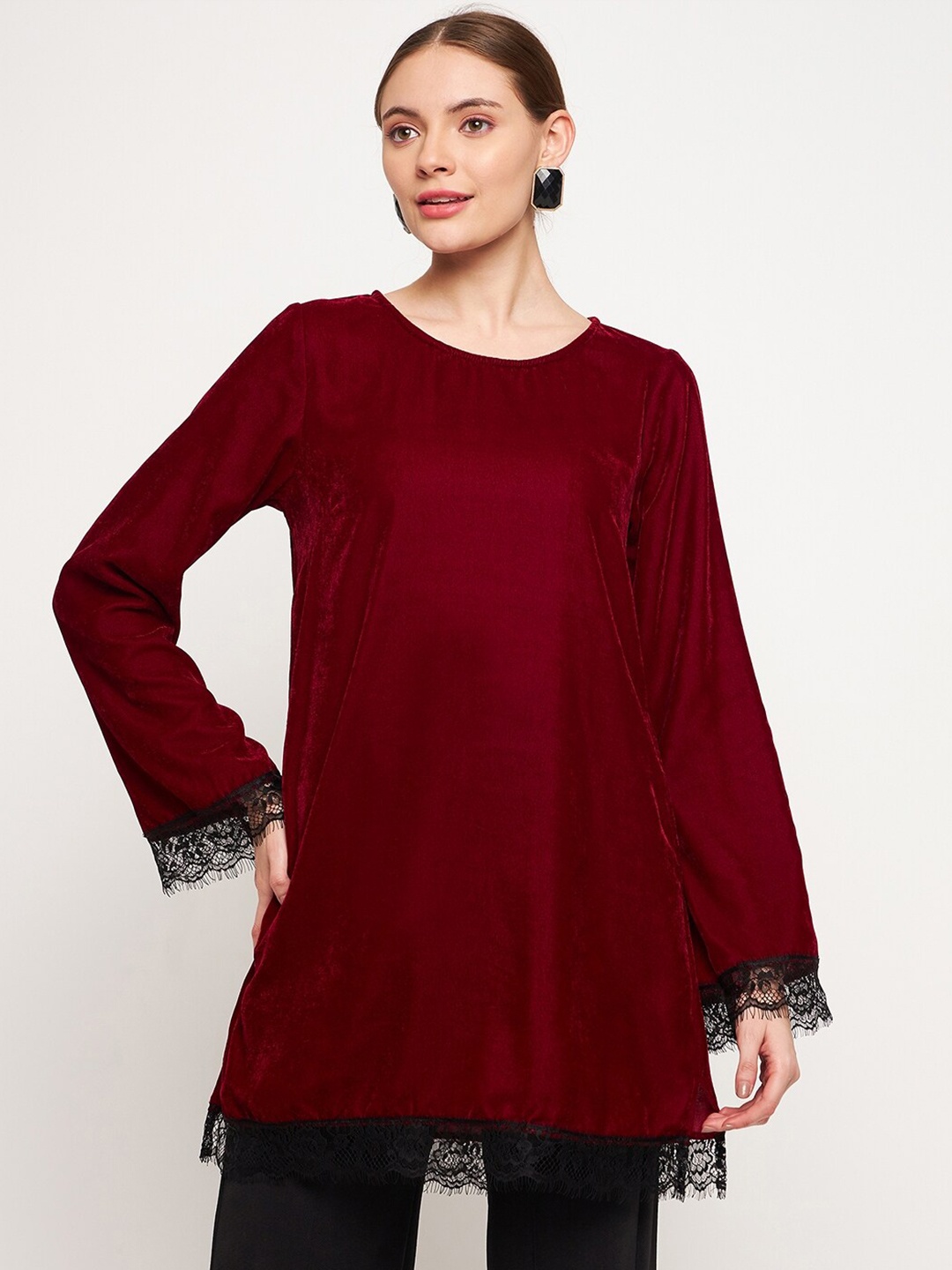 

Imfashini Round Neck Lace Inserts Tunic, Maroon