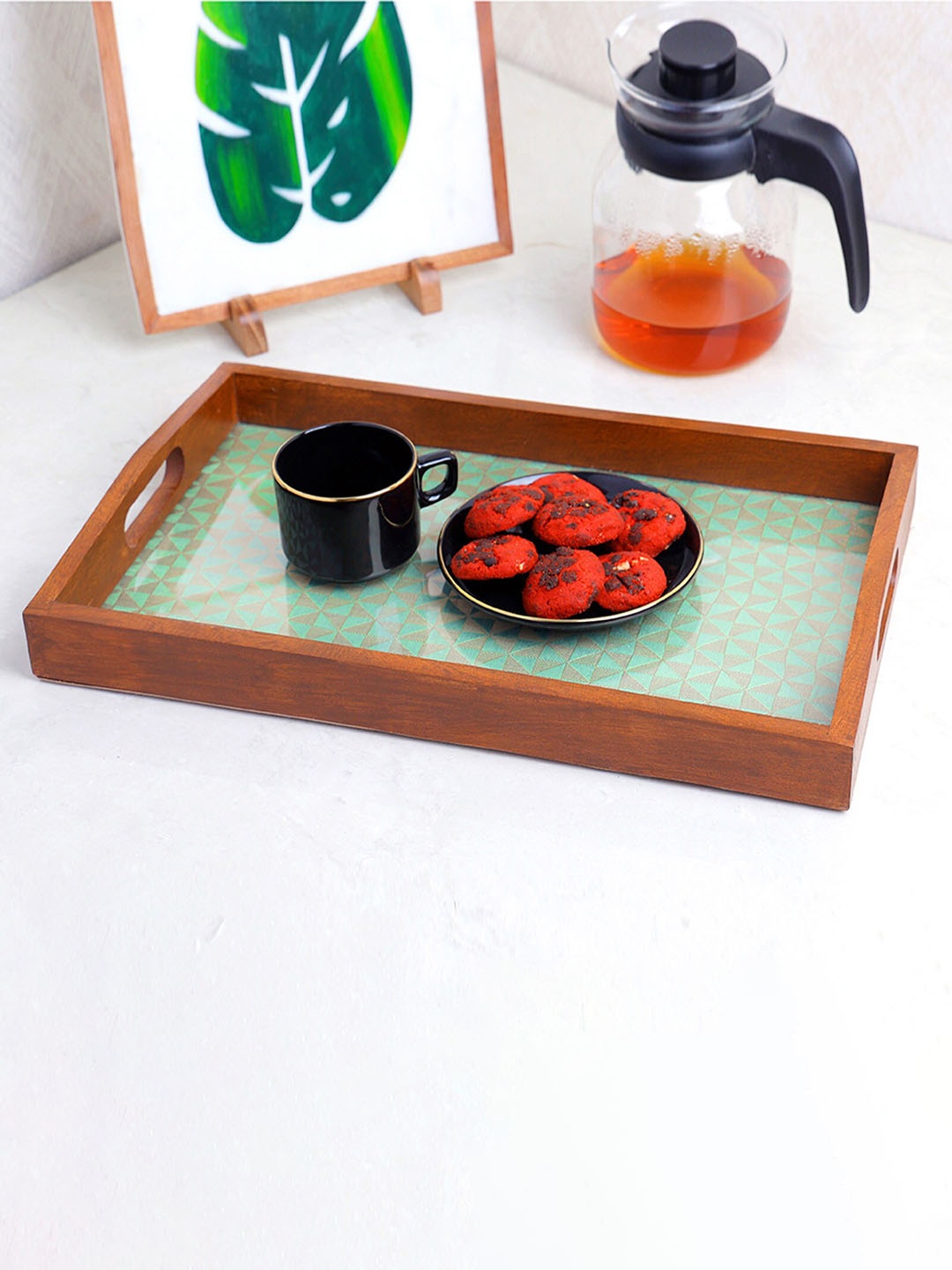 

POSH-N-PLUSH Green & Brown Geometric Printed Wooden Tray