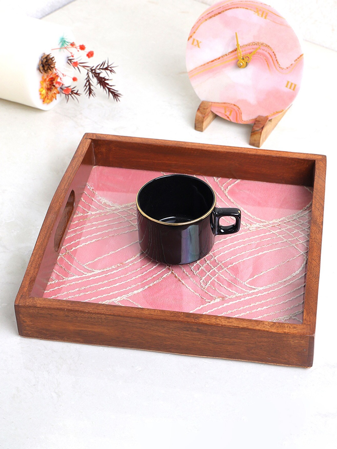 

POSH-N-PLUSH Pink & Brown Printed Wooden Tray