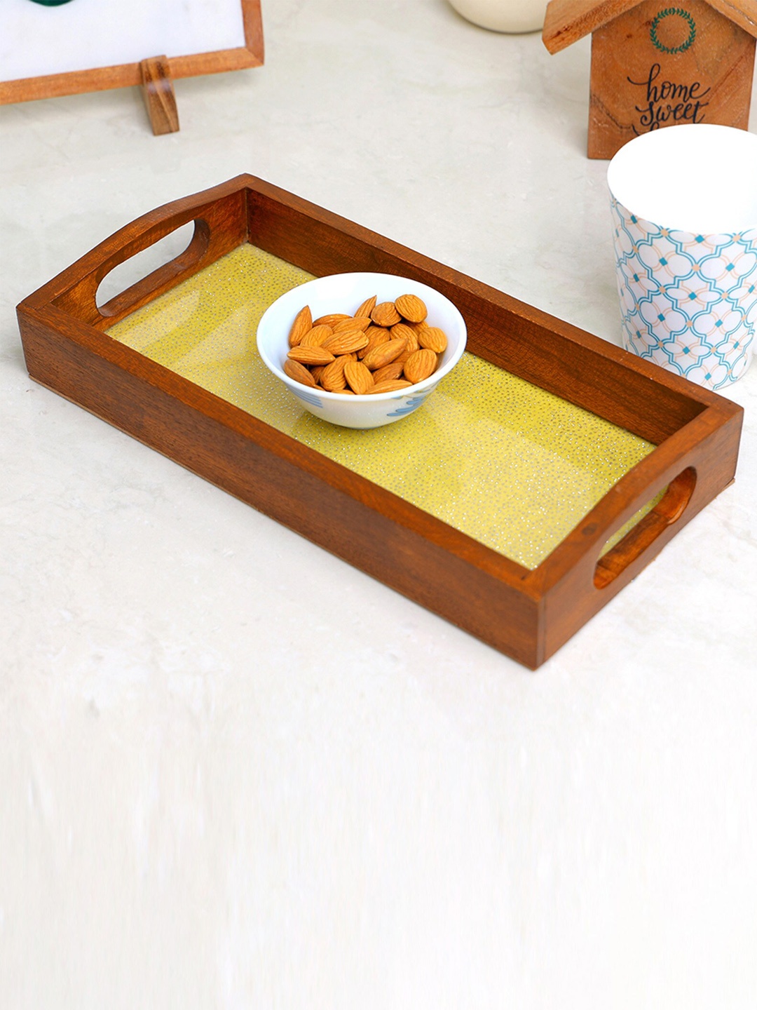 

POSH-N-PLUSH Yellow Wooden Serving Tray With A Handle On Each Short Side