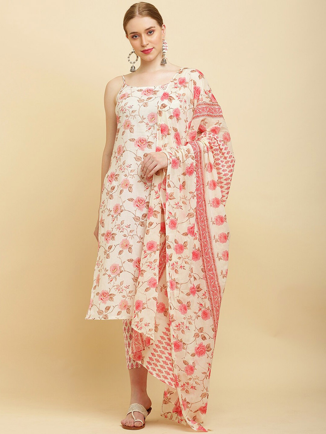 

Waahiba Floral Printed Regular Pure Cotton Kurta with Trousers & Dupatta, Cream