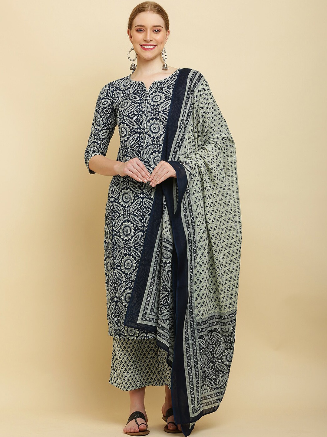 

Waahiba Ethnic Motifs Printed Regular Pure Cotton Kurta with Trousers & Dupatta, Navy blue