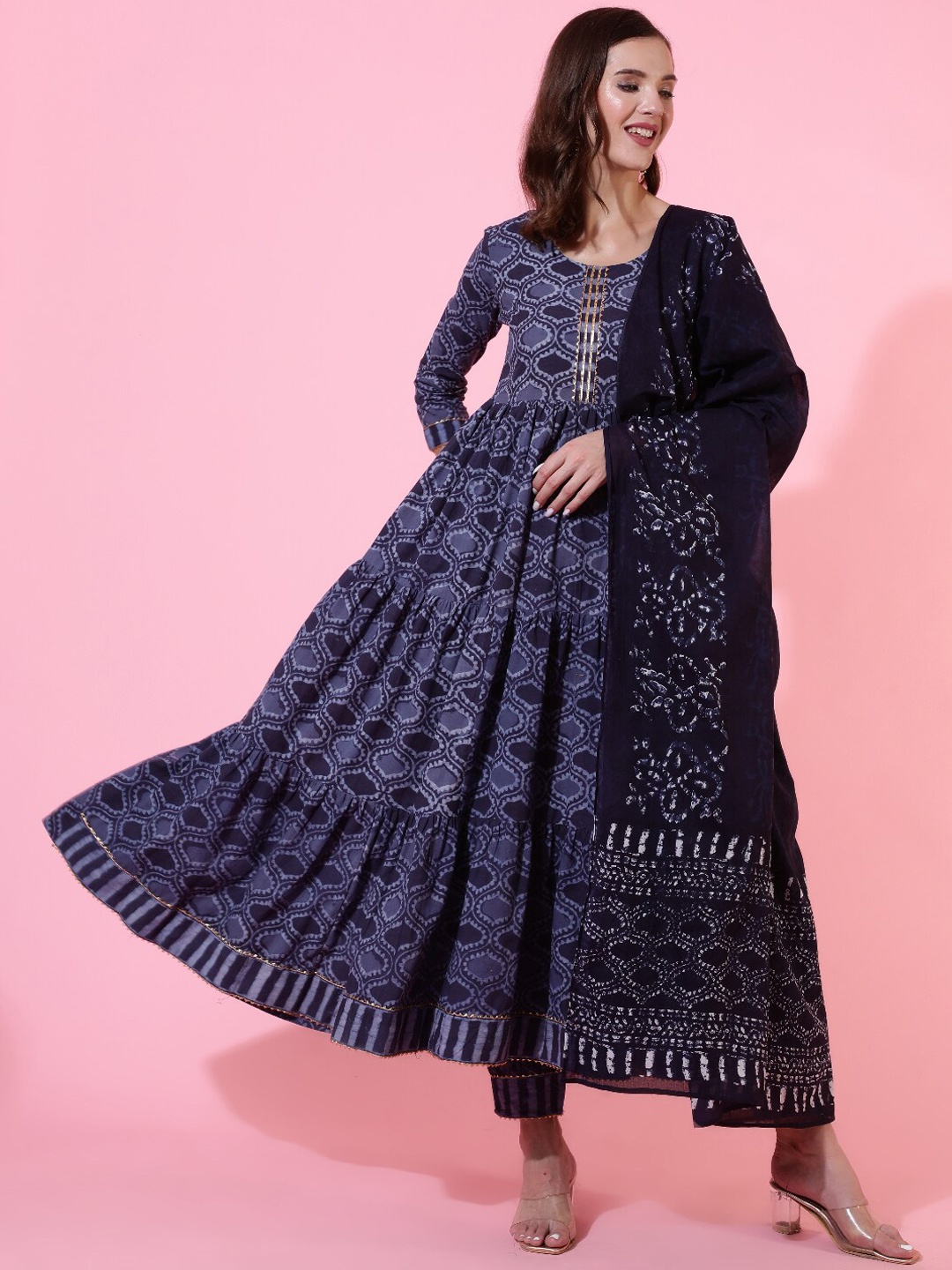 

GLAM ROOTS Ethnic Motifs Printed Tiered Anarkali Kurta with Pyjamas & With Dupatta, Navy blue