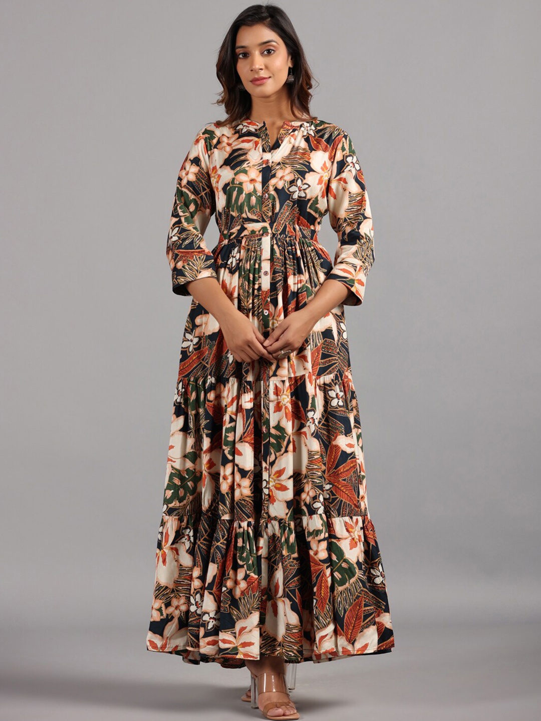 

Amchoor Floral Printed Mandarin Collar Cotton Fit & Flare Maxi Dress, Navy blue