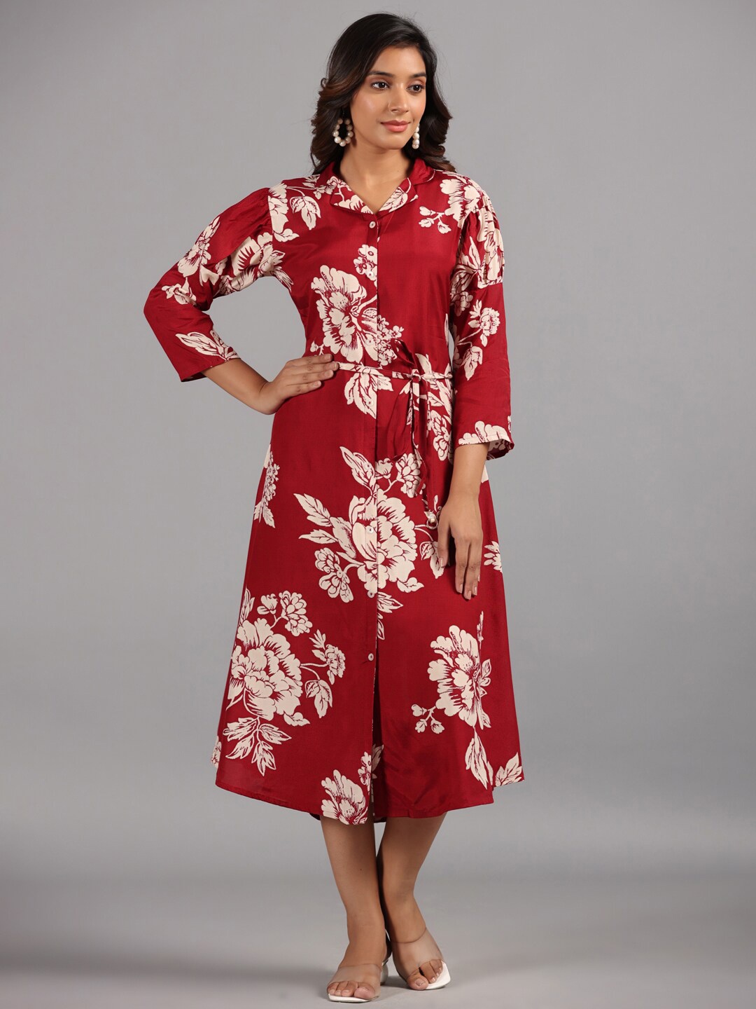 

Amchoor Floral Printed Shirt Collar Tie-Ups Silk Shirt Midi Dressss, Maroon