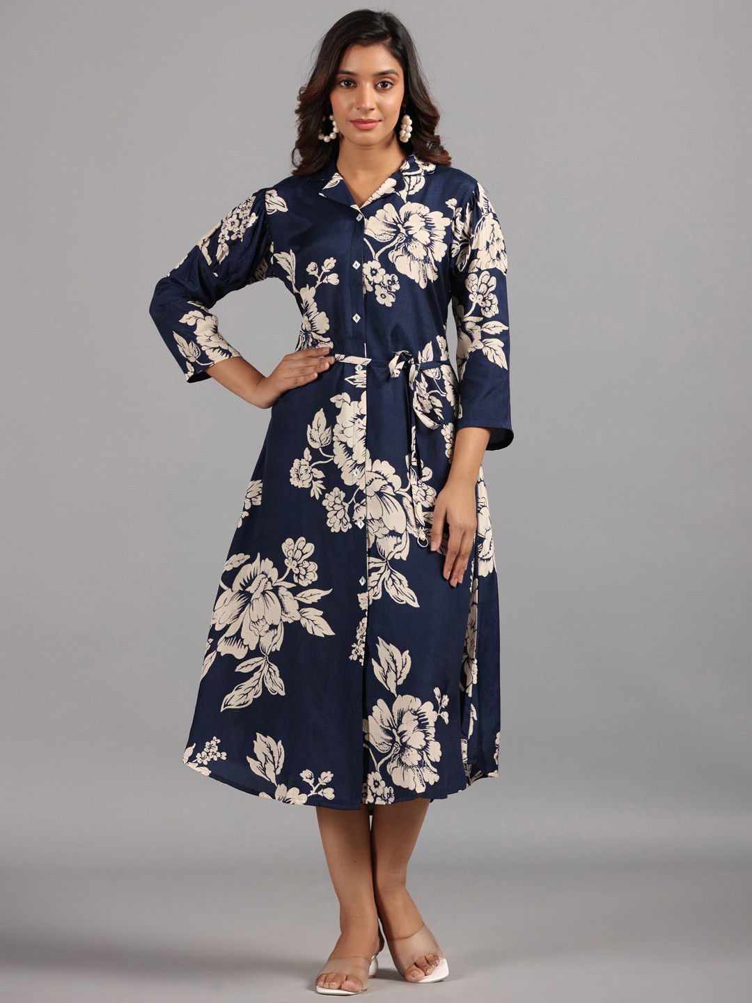 

Amchoor Floral Printed Shirt Collar Tie-Ups Silk Shirt Midi Dressss, Blue