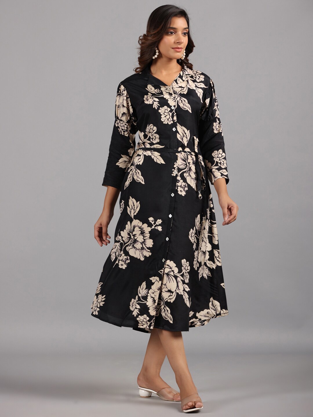 

Amchoor Floral Printed Shirt Collar Tie-Ups Silk Shirt Midi Dress, Black