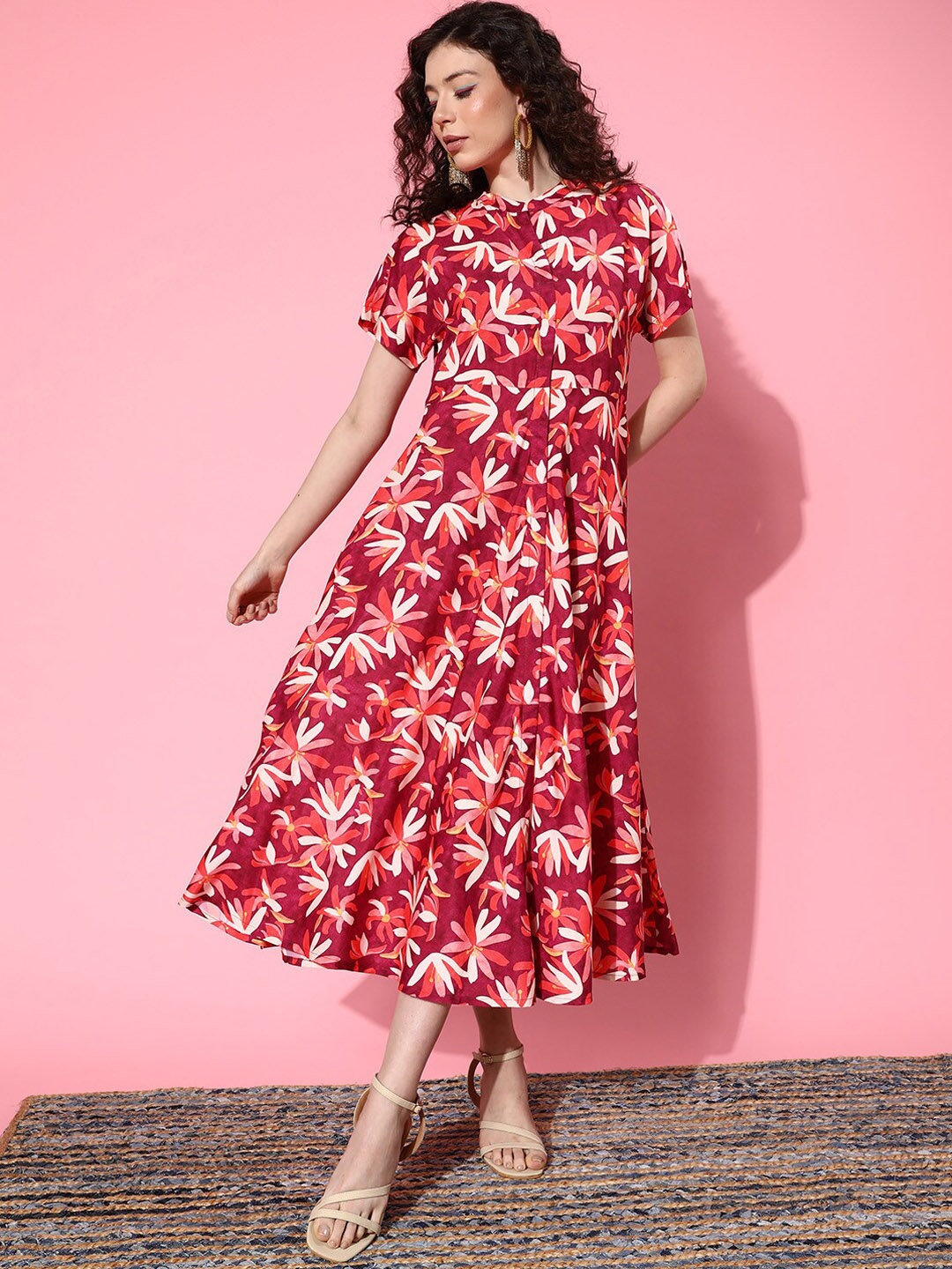 

Varanga Floral Printed A-Line Midi Ethnic Dress, Burgundy