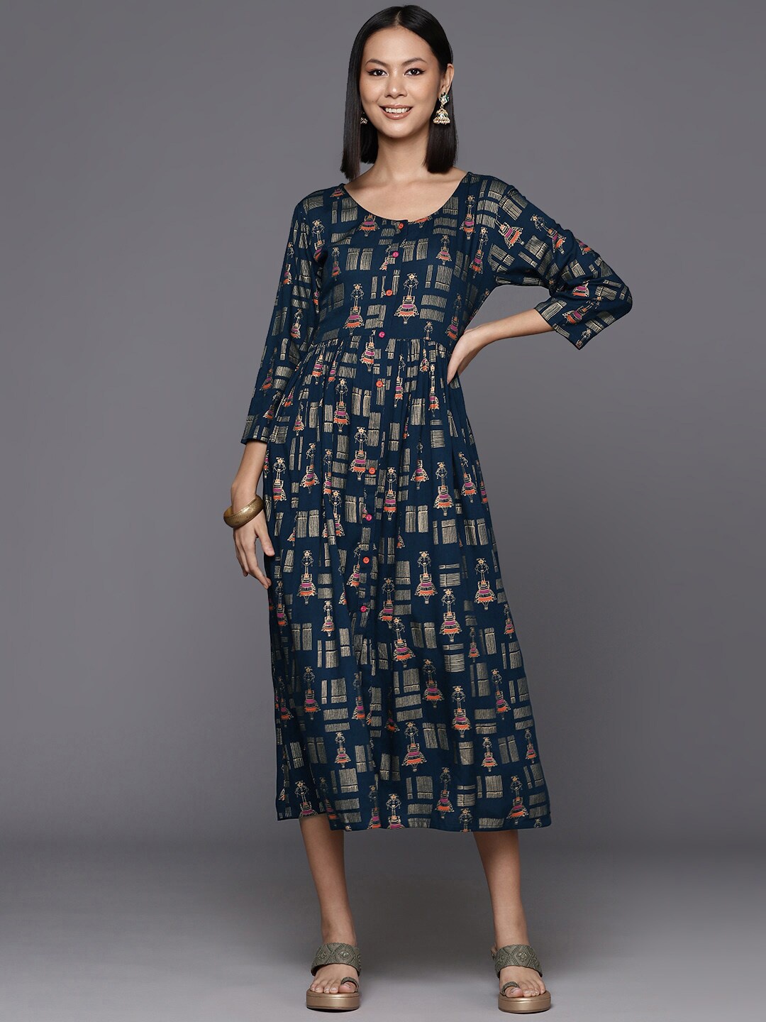 

Varanga Ethnic Motifs Printed A-Line Midi Ethnic Dress, Navy blue