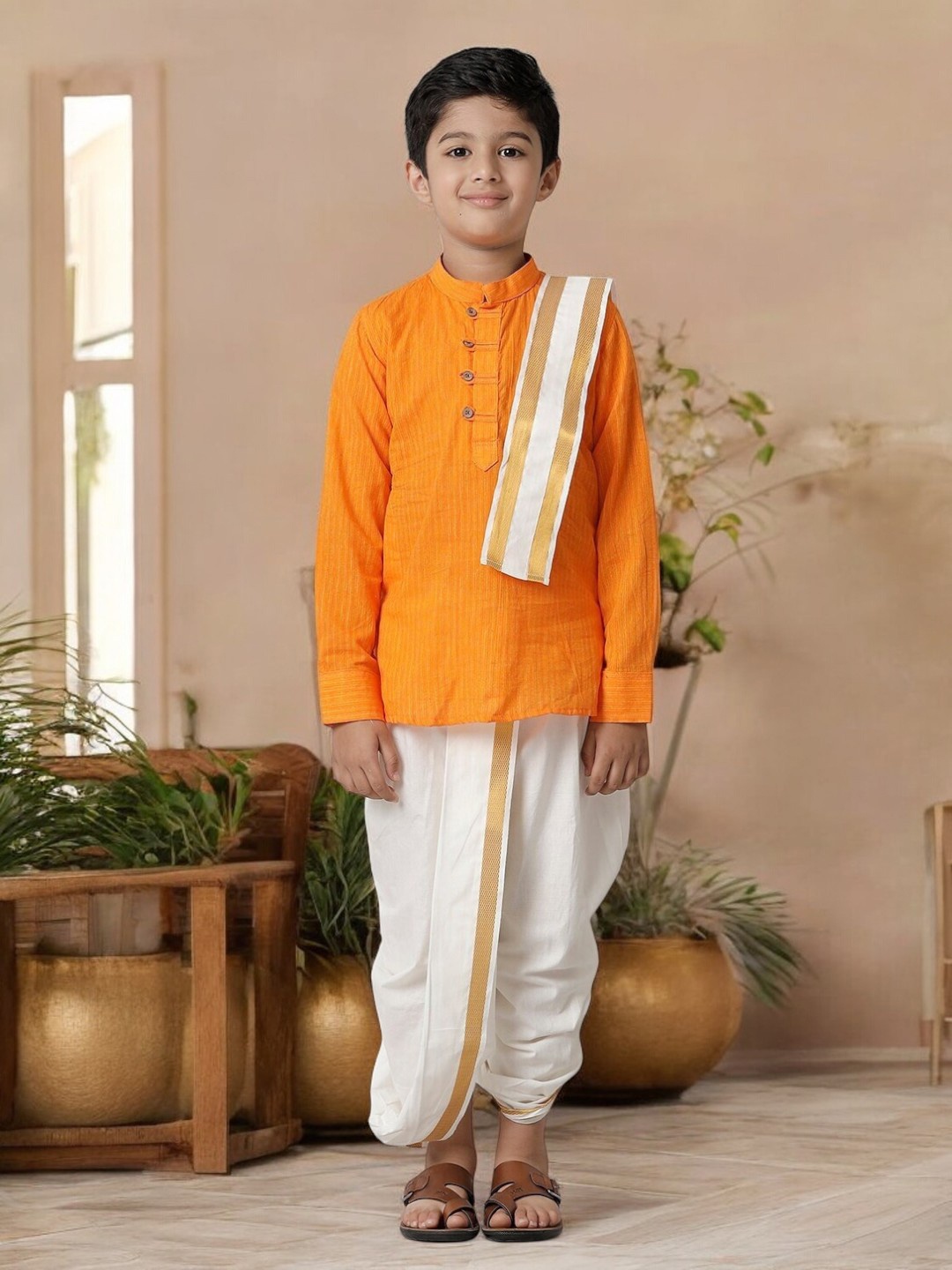 

Ramraj Boys Kurta With Panchakacham With Angavastram, Orange