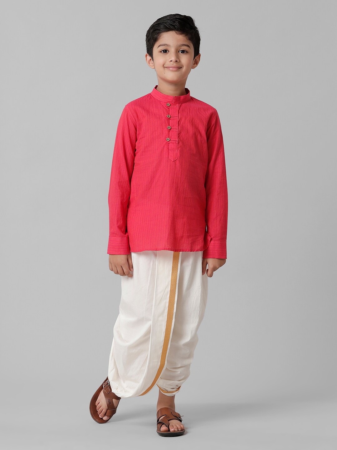 

Ramraj Boys Kurta With Dhoti Pants With Angavastram, Pink
