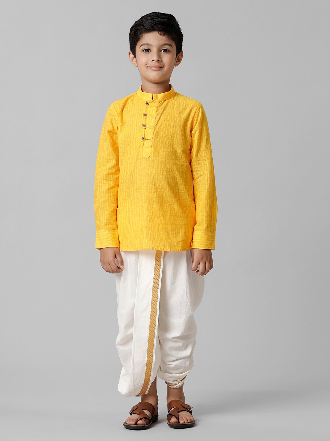 

Ramraj Boys Mandarin Collar Kurta With Dhoti Pants & With Angavastram, Yellow