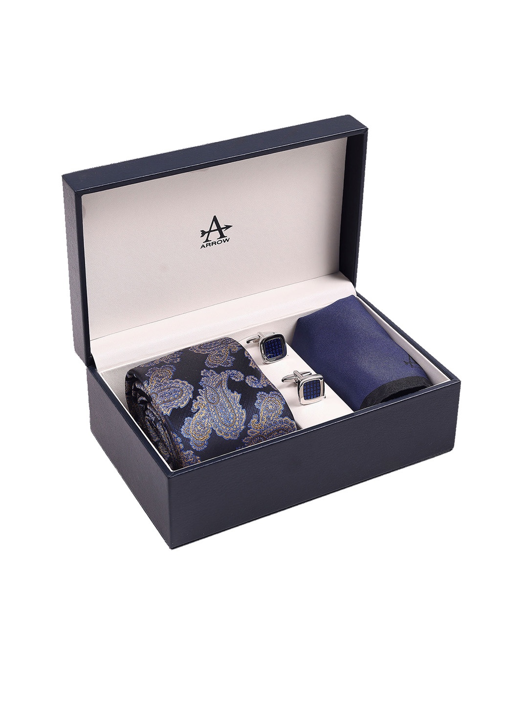 

Arrow Men Printed Tie Pocket Square & Cufflinks, Blue