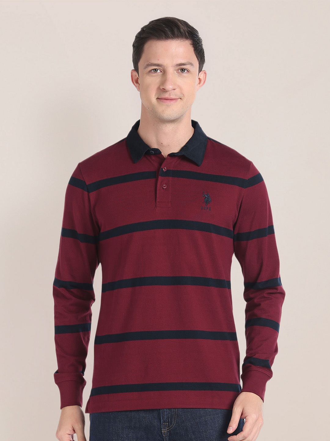 

U.S. Polo Assn. Striped Polo Collar Pure Cotton T-Shirt, Maroon