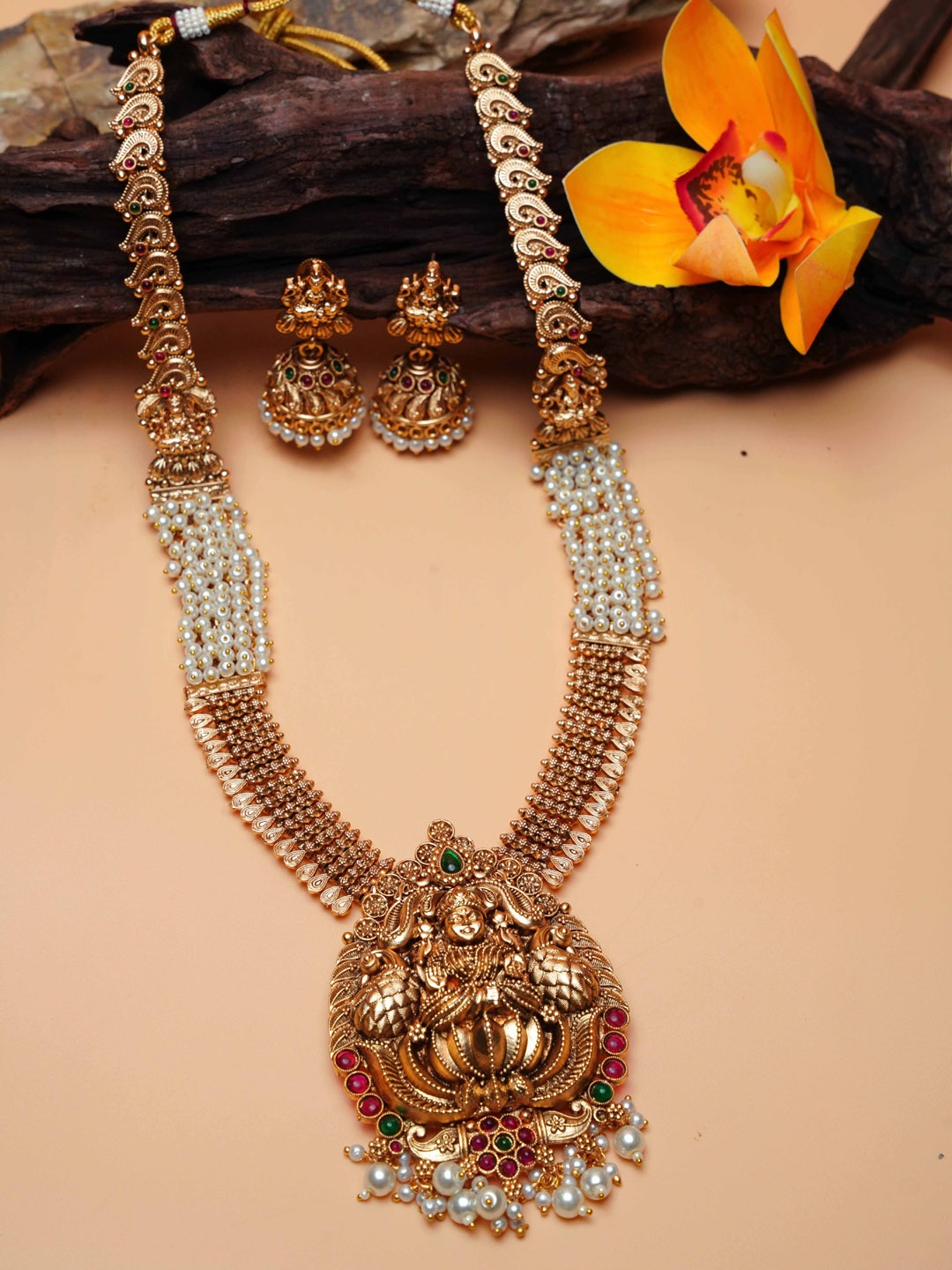 

GRIIHAM Gold-Plated American Diamond-Studded & Beaded Jewellery Set