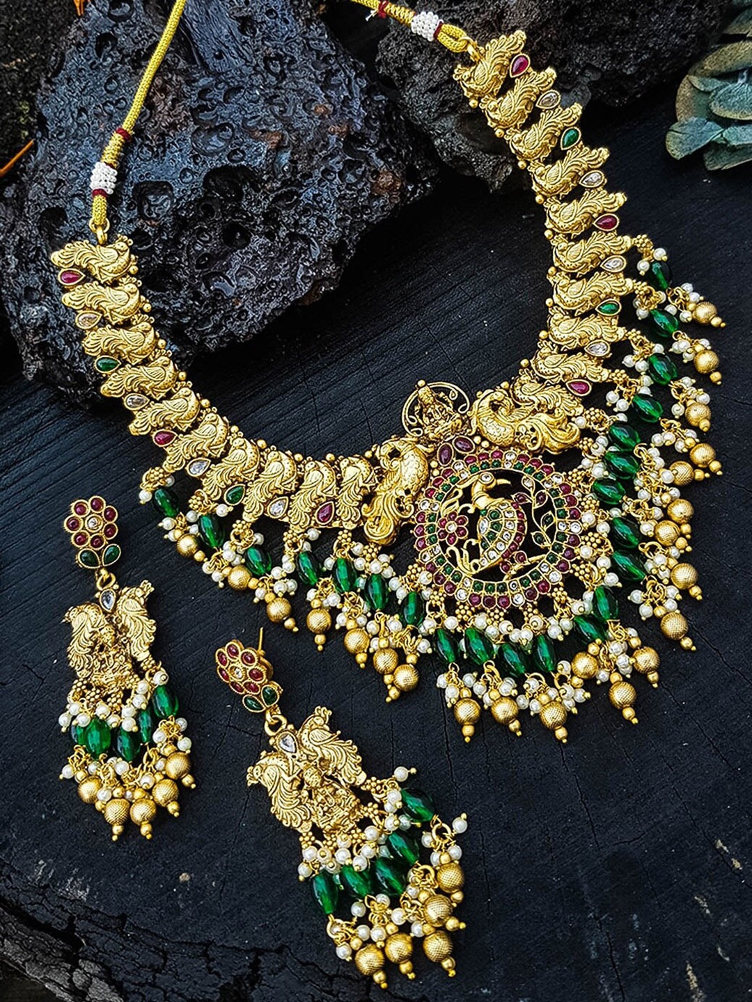 

GRIIHAM Gold-Plated CZ Stone-Studded & Beaded Jewellery Set