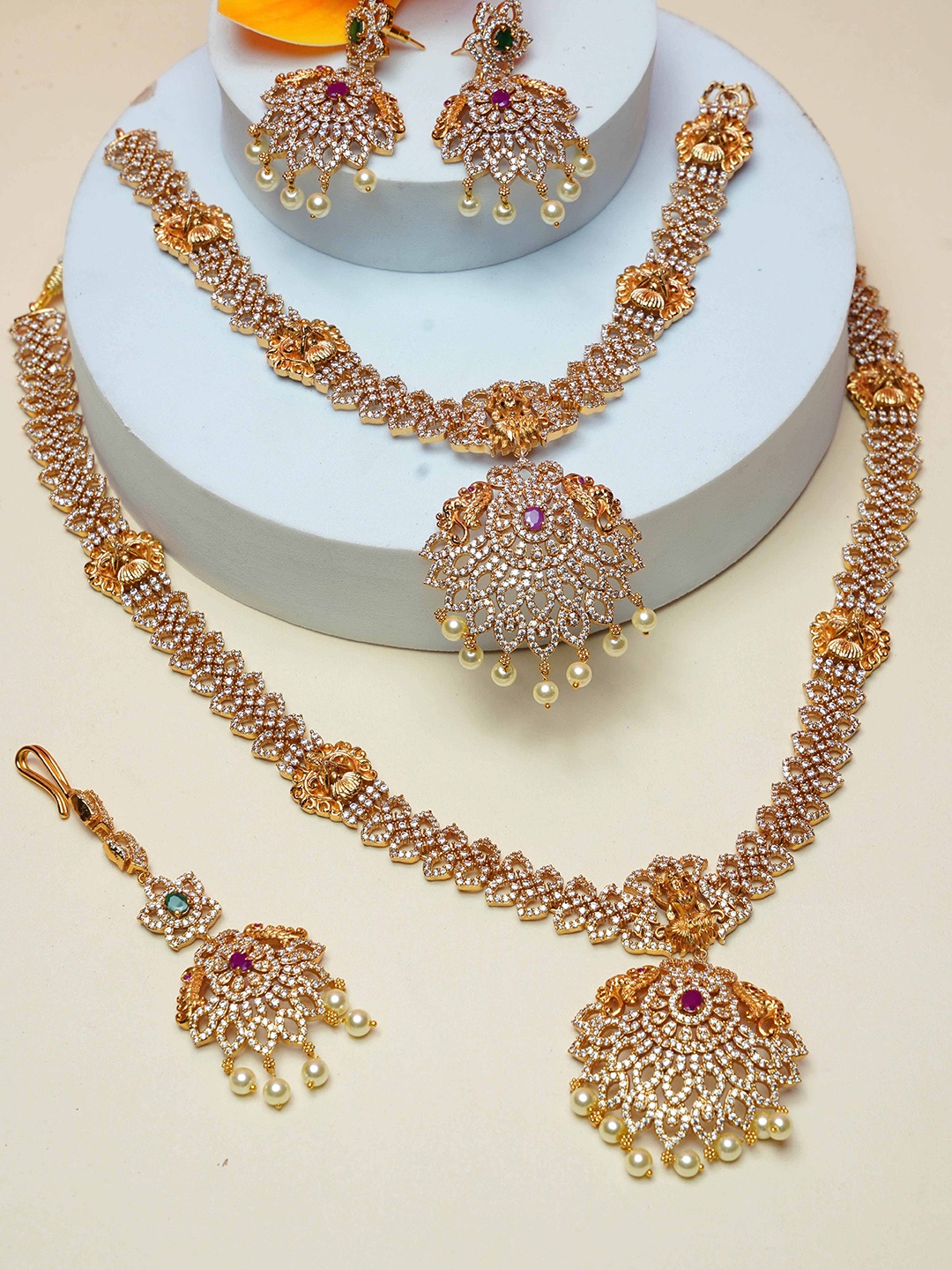 

GRIIHAM Gold-Plated Cubic Zirconia-Studded & Beaded Necklace And Earrings With Maang Tika