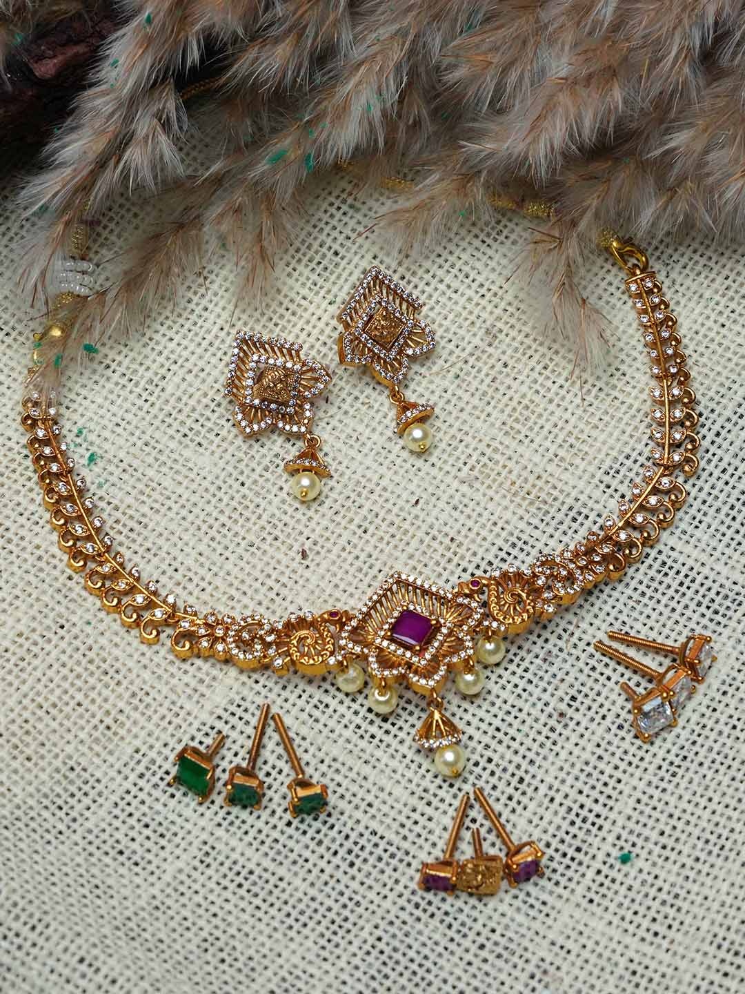 

GRIIHAM Gold-Plated CZ Stone-Studded & Beaded Jewellery Set