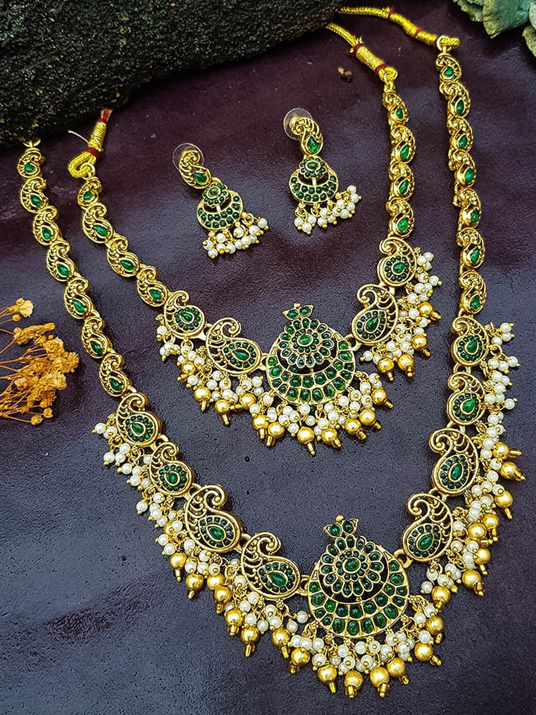 

GRIIHAM Gold-Plated Ad Studded Jewellery Set, Green