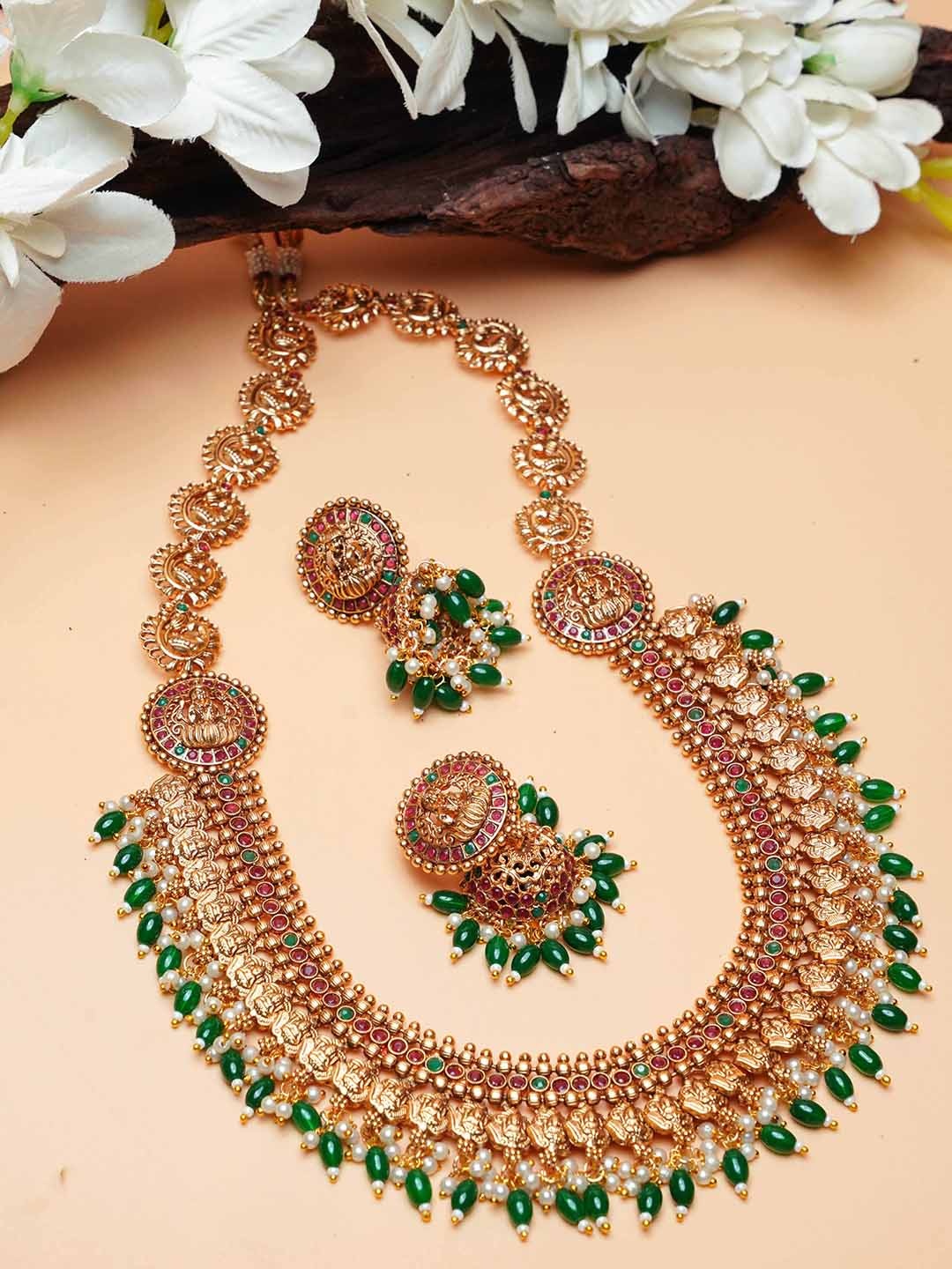 

GRIIHAM Gold-Plated AD Studded & Beaded Jewellery Set